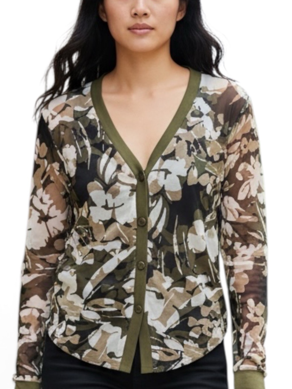Chico's Green Camo-Print Floral Blouse Cardigan SZ 0 EUC Earthy Sheer Fairycore